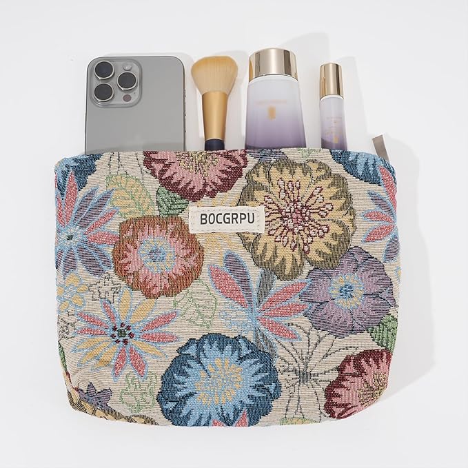 BOCGRPU 2 PCS Makeup Bag Set Cute Small Cosmetic Bag for Purse ，Large Toiletry Bag Makeup Organizer，Travel Pouch with Zipper for Women, (Flower Garden White)