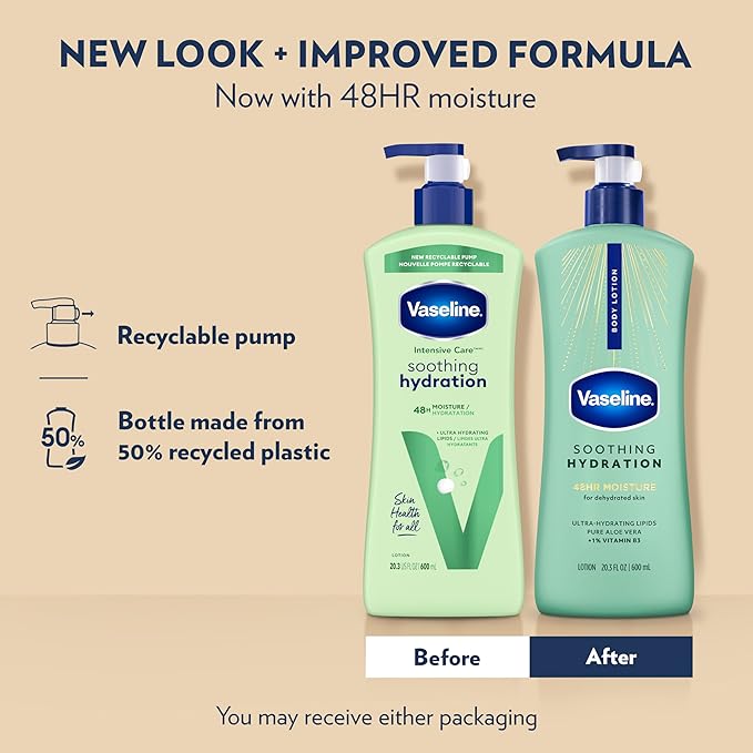 Vaseline Intensive Care Body Lotion for Dry Skin Soothing Hydration Lotion Made with Ultra-Hydrating Lipids + 1% Aloe Vera Extract to Refresh Dehydrated Skin 20.3 oz, Pack of 3 (packaging May Vary)