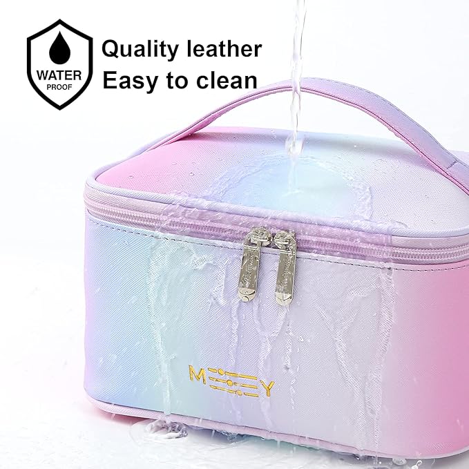 Gradient Travel Makeup Bag for Women, PU Leather Cosmetic Bag, Rainbow Pink