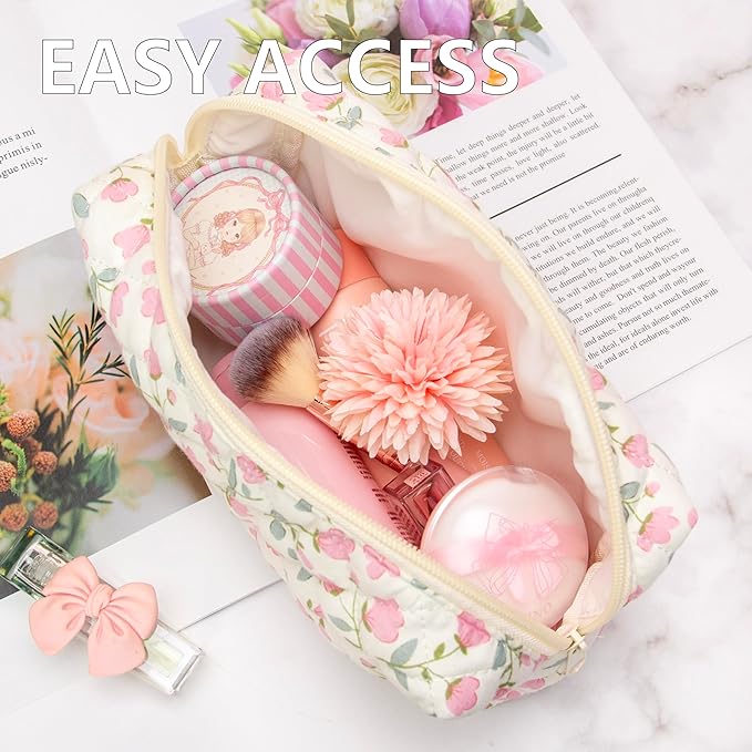 PAZIMIIK Small Quilted Makeup Bag,Zipper Cosmetic Pouch,Floral Pink,6 Pack
