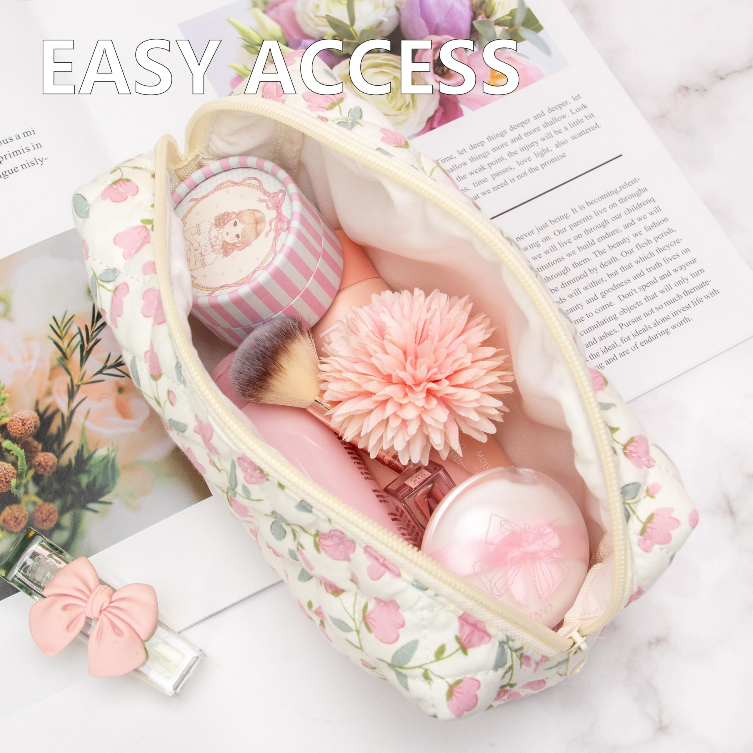 PAZIMIIK Small Quilted Makeup Bag,Zipper Cosmetic Pouch,Floral Pink