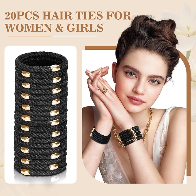 Hair Ties No Damage - 20PCS Ponytail Holders - Elastic Hair Ties for Thick Hair - Braided Hair Bands for Women Girls's Hair - Black
