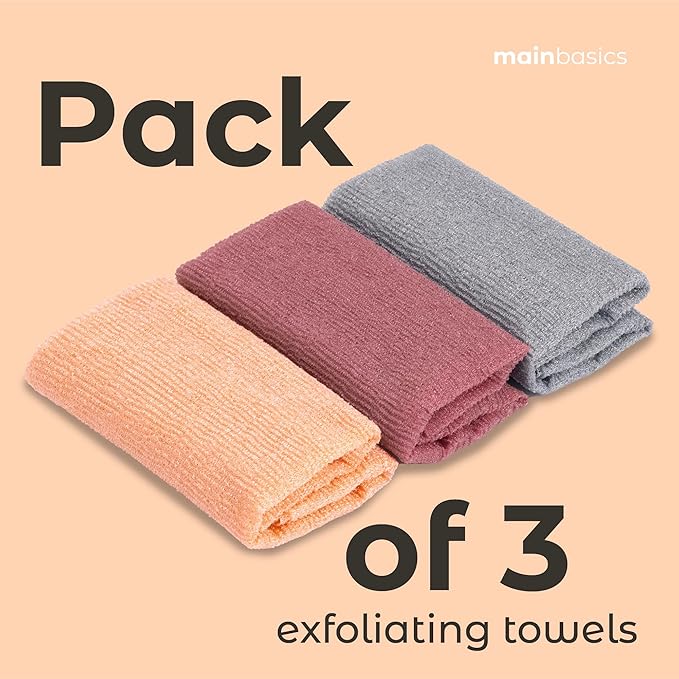 MainBasics Japanese Deep Exfoliating Shower Towel, 3 Pack, Coral Reef