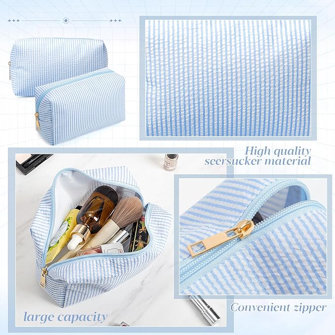 Sanwuta 6 Pcs Seersucker Cosmetic Bags Bulk Seersucker Makeup Bags Stripe Women Pouch Large Preppy Storage Pouch Toiletry Travel for Wedding Bridesmaid Bride Favor Back to Teacher Gift (Light Blue)