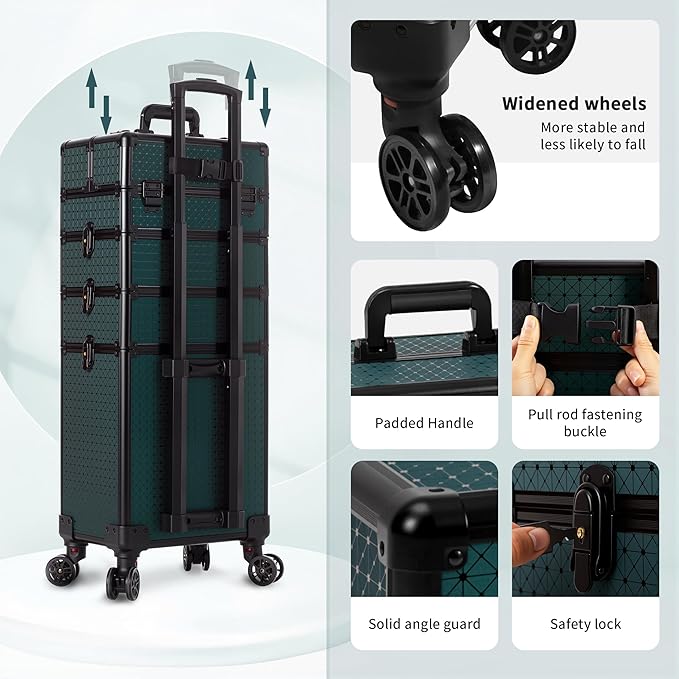 AROUS Rolling Train Makeup Case Cosmetology Case on Wheels, Green