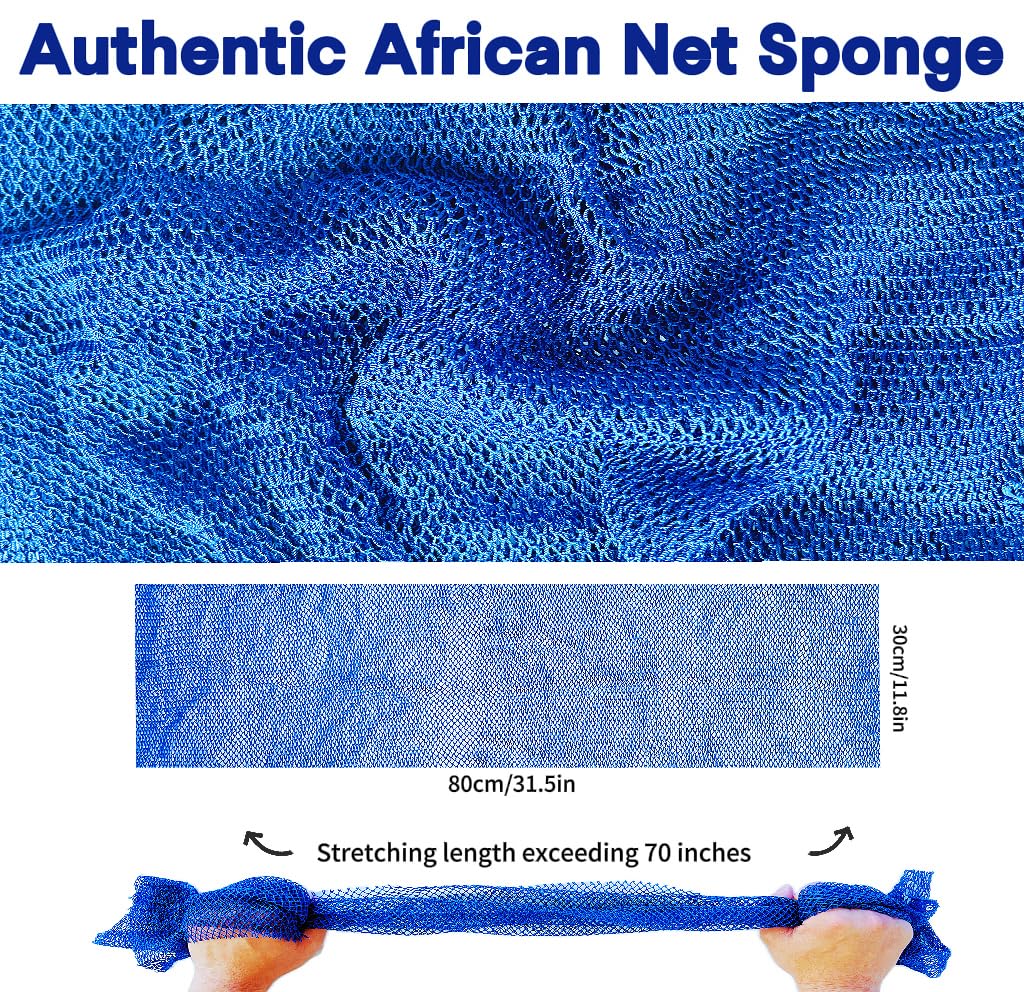 SPMKTBOZAI African Net Sponge Authentic, African Exfoliating Sponge Real African Net Black Owned, African Bath Sponge Back Scrubber, Body Exfoliator Shower Bath Accessories (Blue)
