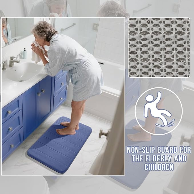 Yimobra U-Shaped Toilet Bath Mat Set 2 Piece - Soft Absorbent Quick Dry Memory Foam Bathroom Rugs, Machine Washable Non Slip Floor Carpet for Tub Shower & Single Sink (17x24 & 24x20, Navy Blue)