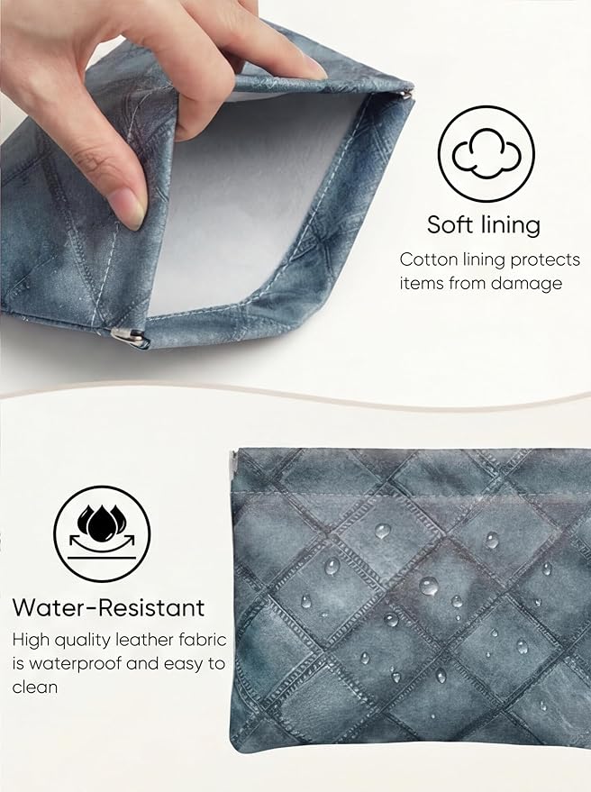 Ksriylm Denim Blue PU Leather Makeup Pouch Set for Women Small Checkered Make Up Bag for Purse Waterproof Initial Makeup Cosmetic Bags Pouches for Purse Aesthetic Travel Toiletry Bag,