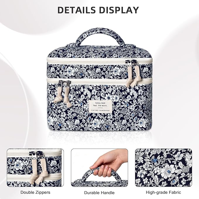Gosect Makeup Bag, Portable Travel Make up Bag, Large Capacity Quilted Cosmetic Organizer Bag, Cute Floral Toiletry Bag for Women Girls (Black Rose)