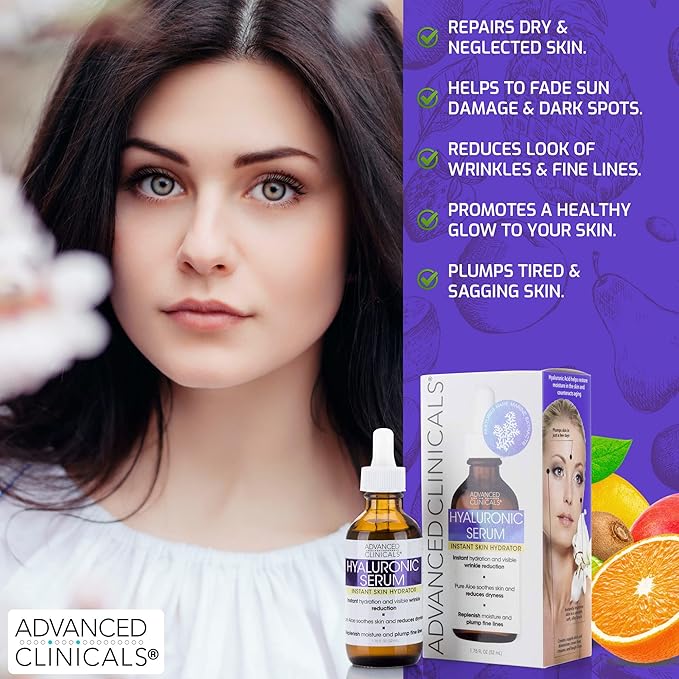 Advanced Clinicals Hyaluronic Acid Moisturizer Face Serum + Collagen Peptide Facial Serum Skin Care Set | Hydrating Serums For Diminishing Appearance Of Wrinkles, Dry Skin, Fine Lines, Set Of 2