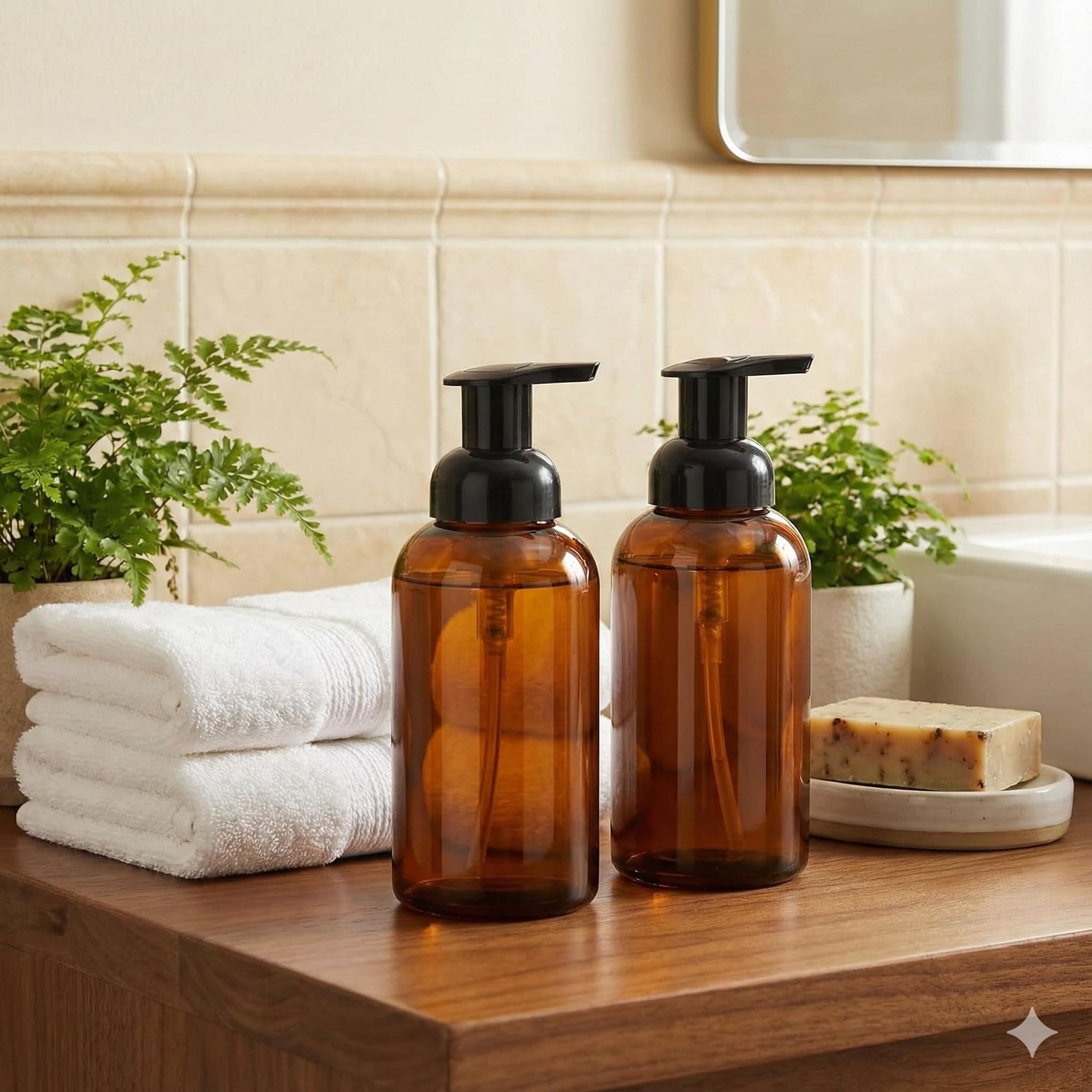 2 Pack Amber Glass Jar Soap Dispenser with Foaming Pump, 13 Ounce Amber Round Bottles Dispenser with Foaming Pump