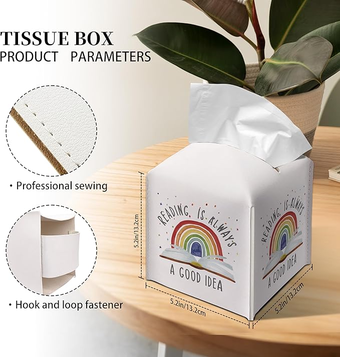 Grace Yonks Cute Tissue Box Cover Square - Rainbow & Book “Reading is Always a Good Idea” Design 5.2" PU Leather Holder for Vanity, Desk, Bathroom Counter - Cube Case for Facial Tissues(016)