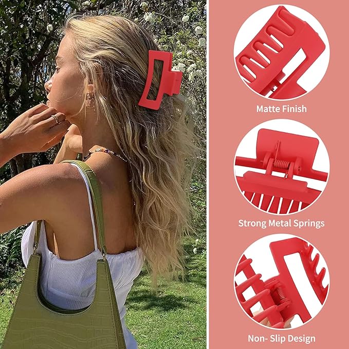 Sisiaipu 3.5 Inch Medium Hair Claw Clips 6 Pack Hair Clips for Women Square Rectangle Claw for Hair Banana Jaw Clips Hair Accessories for Girls -Red