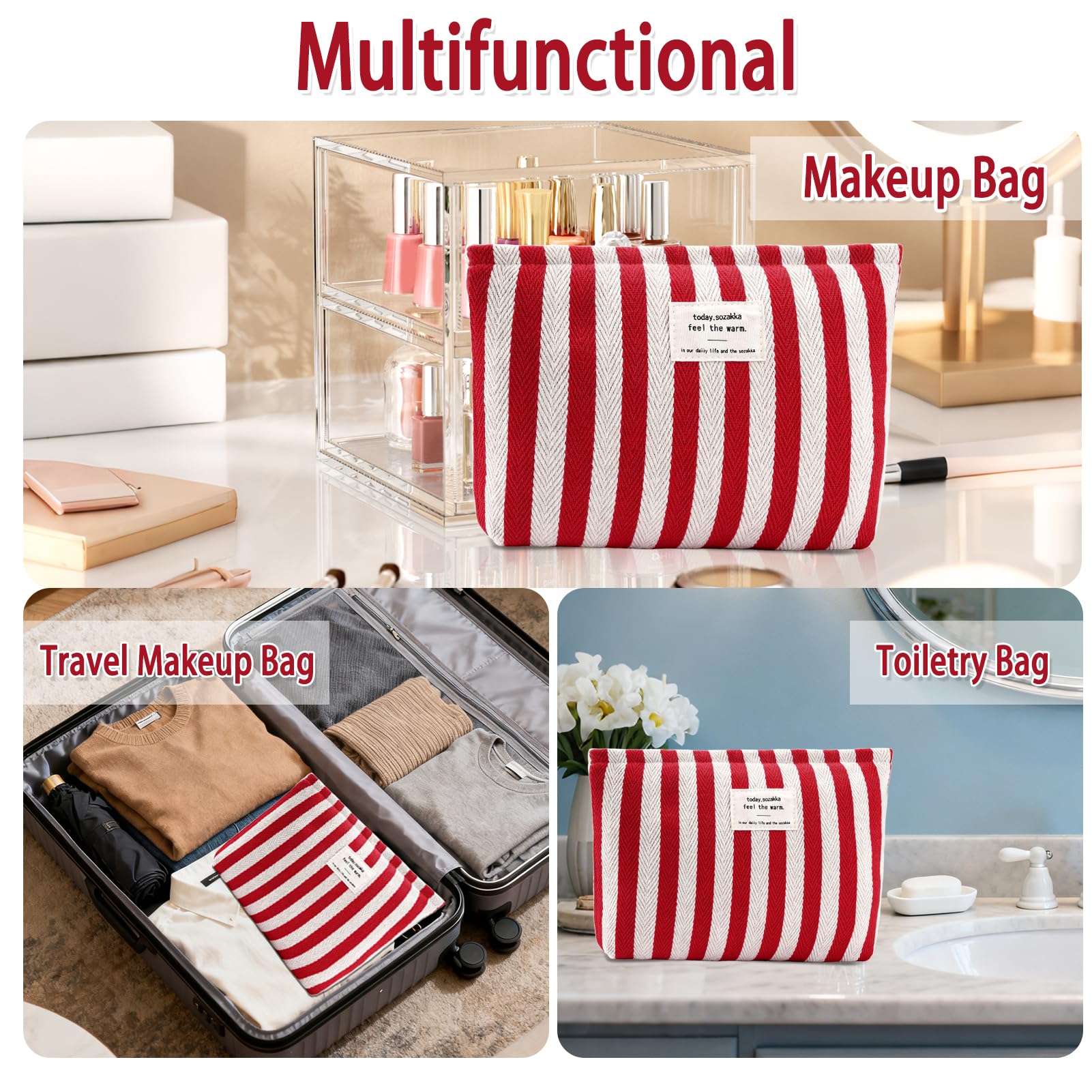 ZLFSRQ Striped Makeup Bag Large Canvas Travel Makeup Bag for Women Cosmetic Pouch Cute Red Striped Make Up Pouch for Purse Y2k Aesthetic Trendy Zippered Toiletry Bags Gift Skincare Storage Organizer