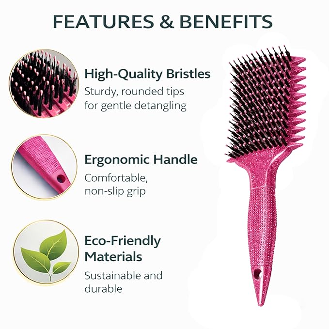Curl Defining Brush with Hair Clips – Detangling Tool for Wet or Dry Styling, Ideal for Curly Hair, Women & Girls (Shiny Pink)