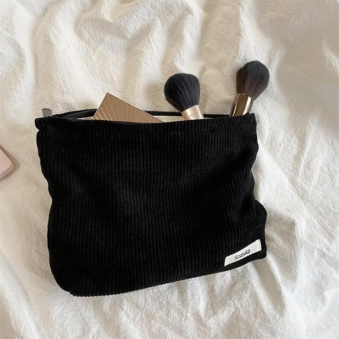 Gardsell Cosmetic Bags for Women - Corduroy Cosmetic Bag Aesthetic Women Handbags Purses Smile Dots Makeup Organizer Storage Makeup Bag Girls Case Bags (Pure Black)