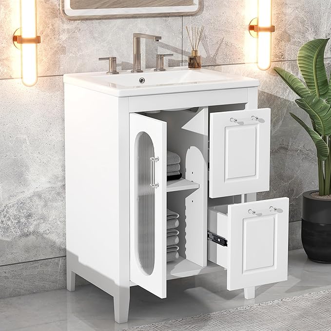 Harper & Bright Designs 24" Bathroom Vanity with Sink, Free Standing Single Basin Vanity Set with Two Drawers and Glass Door, Modern Wooden Bathroom Cabinet with Ceramic Basin for Bathroom, White