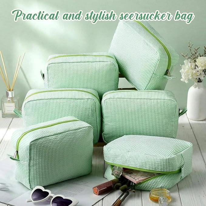 Sanwuta 6 Seersucker Cosmetic Bag Bulk Striped Makeup Bag for Women Aesthetic Cute Travel Toiletry Organizer Preppy Storage Pouch for Wedding Bridesmaid Mother's Day Teacher Gift (Large,Green)