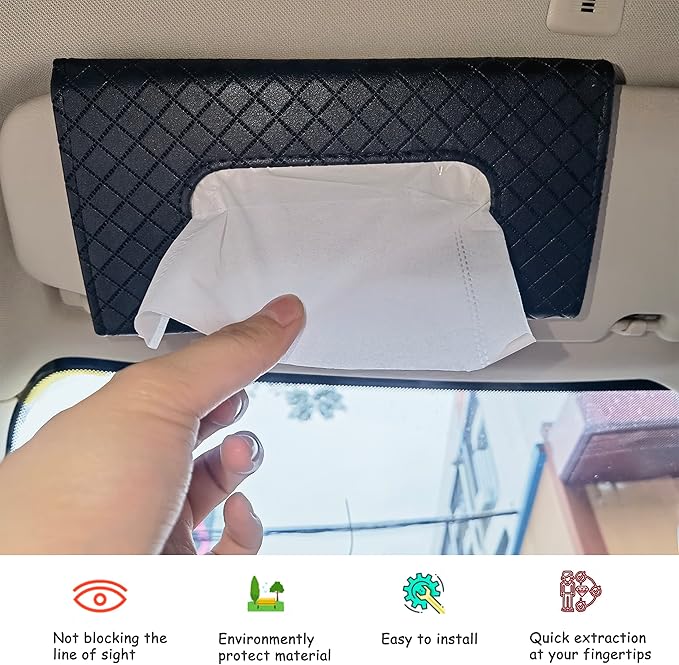 Langmeil Car Sun Visor Tissue Holder, Car Napkin Holder, Premium PU Leather, Mask Holder for Sun Visor Vehicle, with Tissue Refill, Black