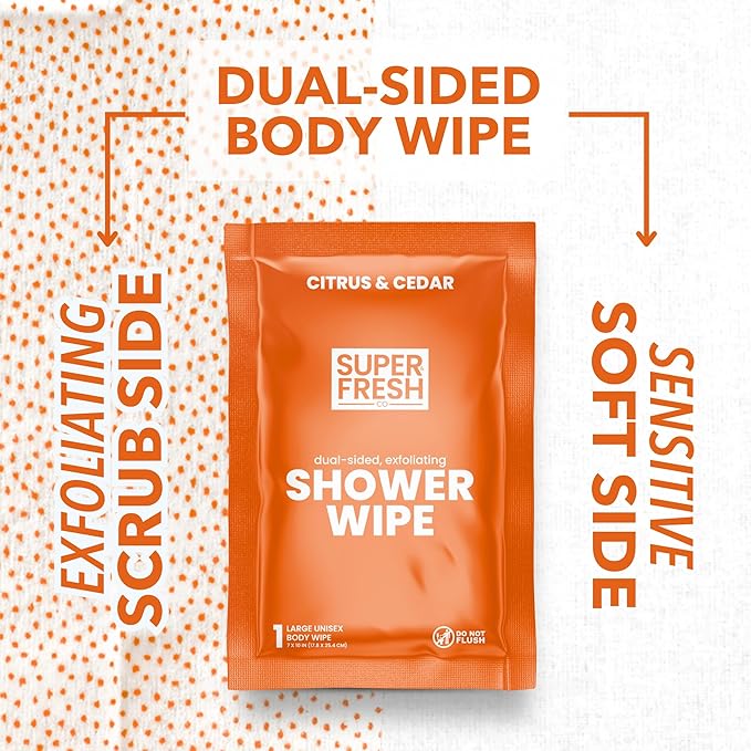 Super Fresh Shower Body Wipes, Travel Essentials for Camping, Large Citrus Wipes for Adults, Women, Men, Kids Personal Hygiene Cloth Enriched with Aloe and Vitamin E, Individually Wrapped 20 Pack