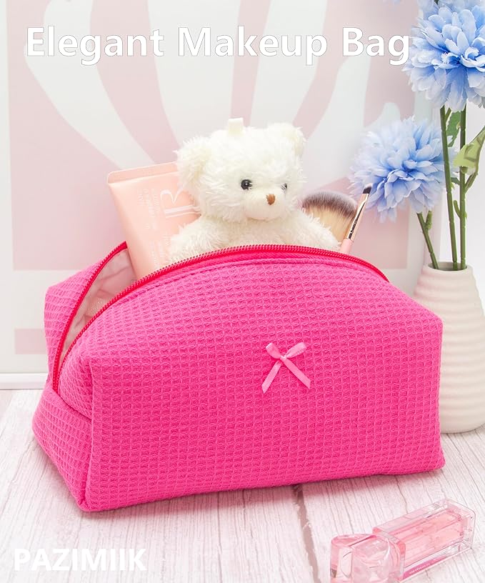 PAZIMIIK Cozy Makeup Bag for Women,Zipper Cosmetic Pouch,Waffle Hotpink