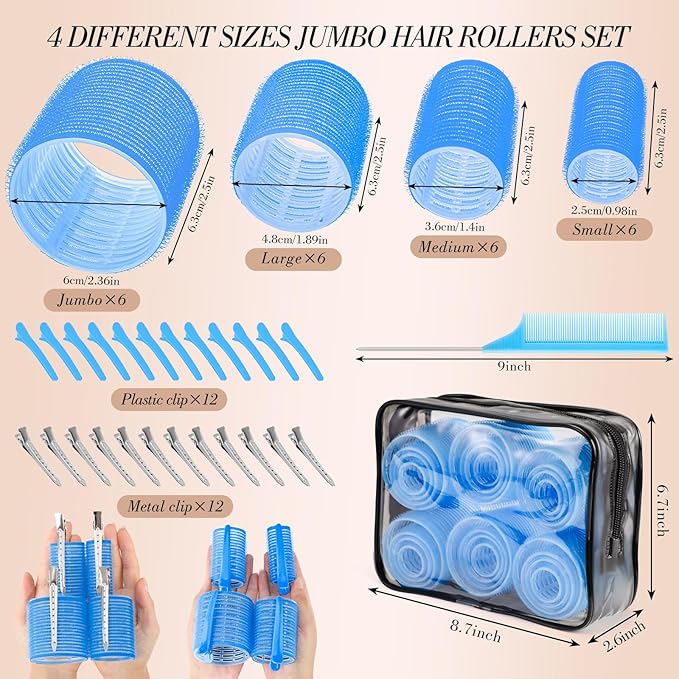 obeoby 4 Sizes Hair Rollers Curlers Set with Clips for Women Girls, Blue
