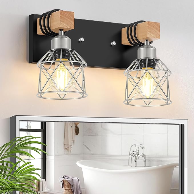 FadimiKoo Farmhouse Bathroom Light Fixtures, Rustic 2-Light Wood Vanity Lights for Bathroom, Industrial Black Silver Wall Lighting with Metal Shade for Bedroom, Living Room, Hallway