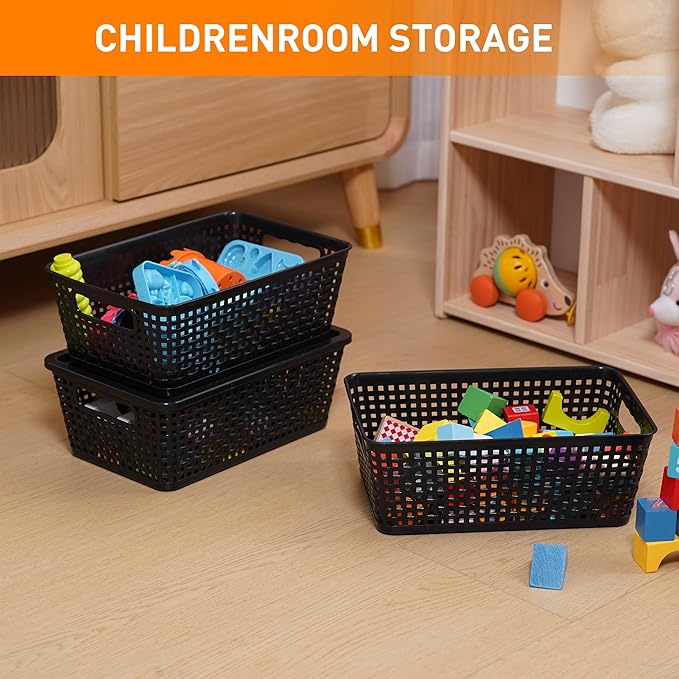 Anywish Plastic Storage Baskets With Lid, Storage Bins for Organizing, Stackable Decorative Containers for Shelves Drawers Desktop Closet Playroom Classroom Office, 6 Pack-Black