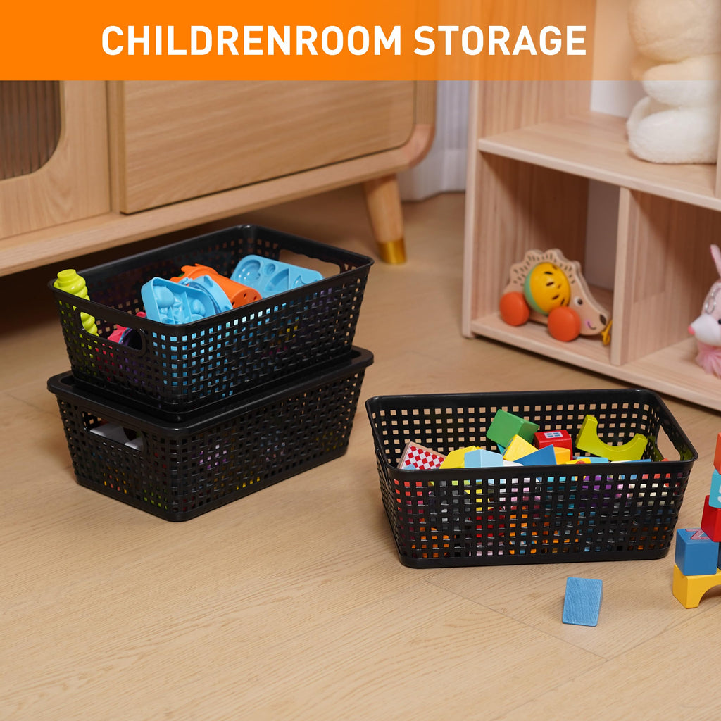 Anywish Plastic Storage Baskets With Lid, Storage Bins for Organizing, Stackable Decorative Containers for Shelves Drawers Desktop Closet Playroom Classroom Office, 8 Pack-Black