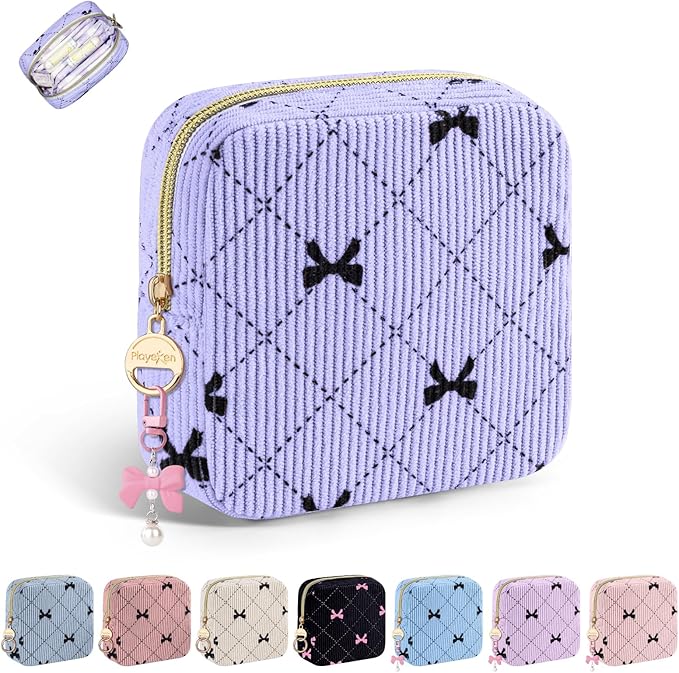Period Bag for Teen Girls, Corduroy Cute Sanitary Napkin Storage Bag, Menstrual Pad Pouches Tampon Holder for Purse (Light Purple-Bow Tie)