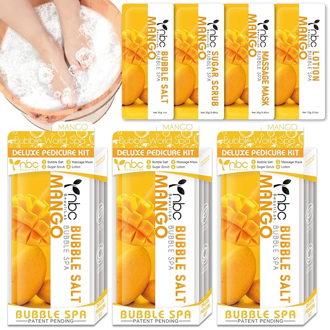 nbc BeautiLab Pedicure Kit Foot Soak Set: Bubble Salt, Sugar Scrub, Massage Mask, Massage Lotion in a Box, 4 Step Foot Spa Kit for Dry Feet,Tired Feet（3 Set Mango)