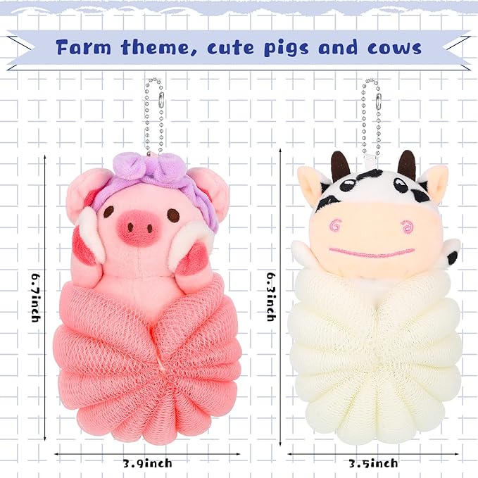Vesici 2 Pcs Loofahs for Kids Children's Bath Loofahs Girls Toddler Cute Cartoon Bath Sponges Loofah Pouf Body Scrubber Mesh Sponges for Shower Washing Exfoliating(Pig,Cow)