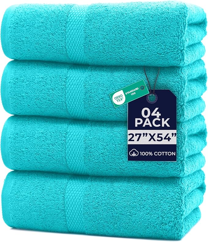 DAN RIVER Bath Towels Set of 4, 27 x 54 Inches, 100% Cotton, Larger & Lighter Weight, Quicker to Dry, Super Soft and Absorbent, Ideal Aqua Bath Towels for Daily Use