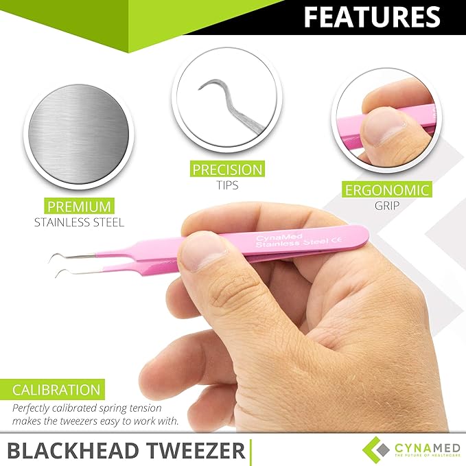 Blackhead Tweezer - Professional Curved Steel Tip Surgical Comedone & Splinter Extractor. Ideal Blemish & Acne Remover Tool Means Flawless Facial Skin (Pink)