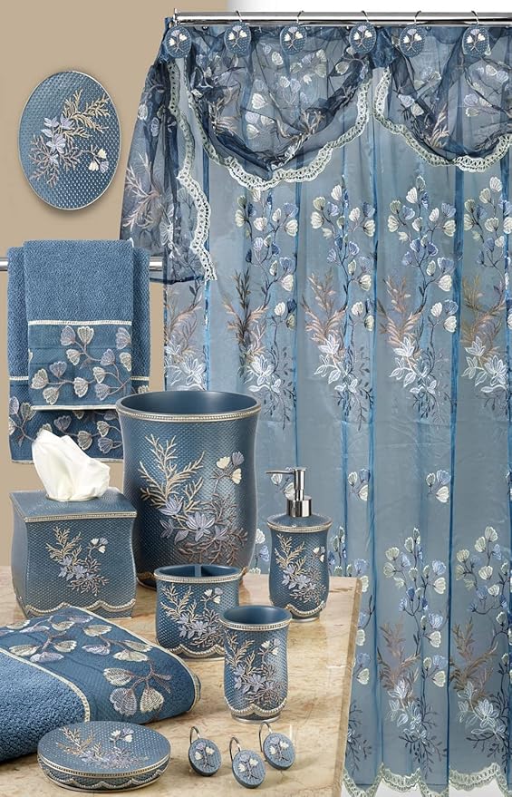 Zahari Home 13pc Capri Bathroom Sheer Shower Curtain Sets & 12 Hooks - Modern Classic Luxury Contemporary Decor Blue Shower Curtain Stylish Bath Sets