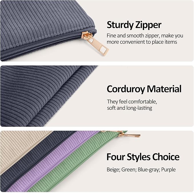 MAGEFY Small Makeup Bag for Purse Corduroy Makeup Bag with Inner Zipper Pockets Travel Cosmetic Bag for Women Preppy Stuff Gifts for Her, Black