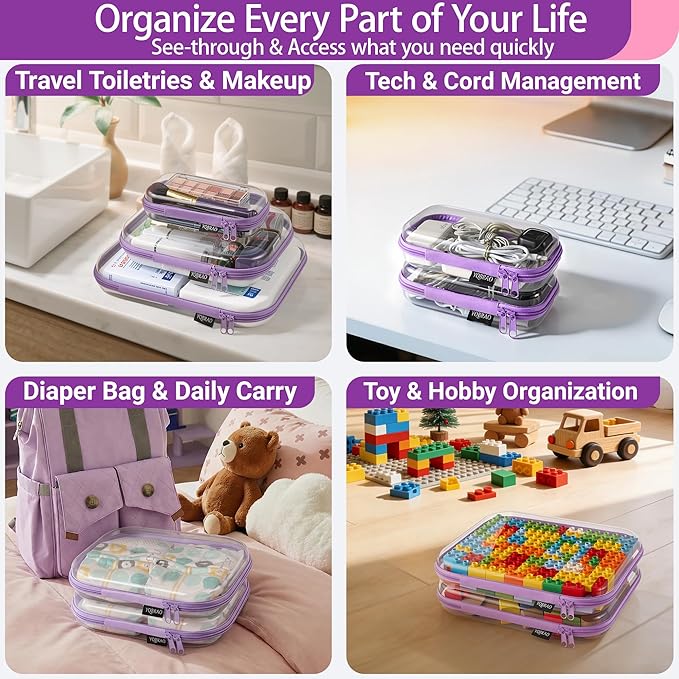 YQBRAO Clear Hard Shell Organizer Case Set, 3-Pack, Purple
