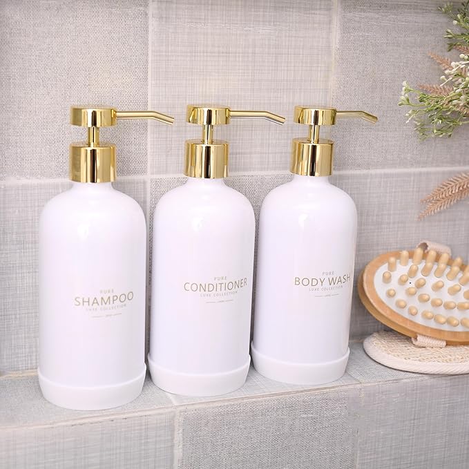 Janxin Shampoo and Conditioner Dispenser Set of 3,Refillable 20.5OZ Shampoo Bottles with Non-Slip Protective Silicone Pad,Shower Soap Dispenser with Waterproof Labels for Bathroom (White)