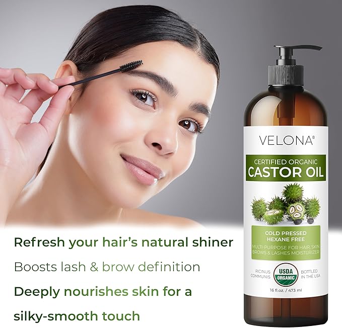 velona USDA Certified Organic Castor Oil - 16 fl oz (With Pump) | For Hair, Eyelashes, Eyebrows | Cold pressed, Natural Oil, USP Grade | Hexane Free, Lash Serum, Caster