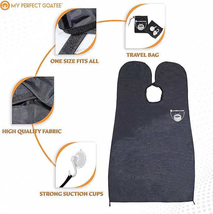 My Perfect Goatee Beard Bib Apron for Men - Superior Lock-Down Suction Cups - Hair Clippings Catcher - Waterproof Cape with Storage Pouch - Adjustable Neck Strap