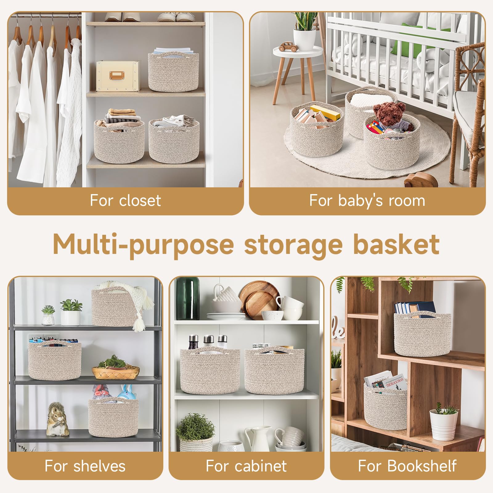 Maxuni 3 Pack Small Rope Storage Baskets, 9.82×9.82×7.1", Brown