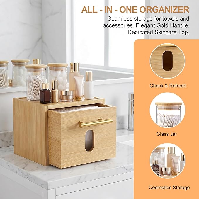 BSSN Face Towels Holder with Glass Cotton Balls Holders , Disposable Towelettes Bamboo Box , Facial Towels Container with Drawer, Towel XL Organizer for Bathroom, Makeup Remover Dry Wipes Washcloths