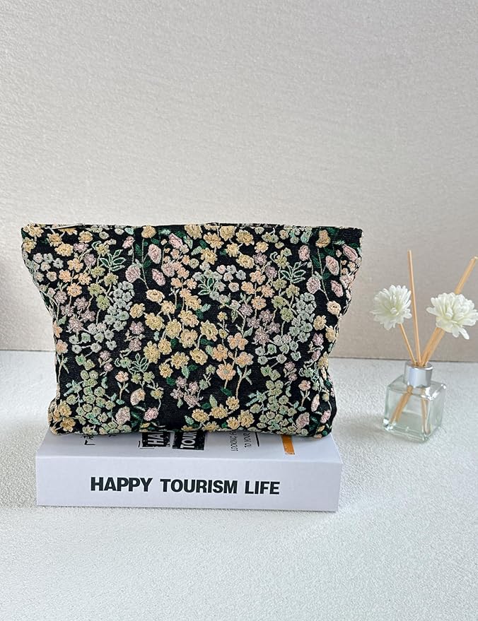 RIKMOXR 2 Pcs Makeup Bags, Large Cosmetic Bag Travel Toiletry Bag Organizer for Women, Embroidery Craft, Floral Makeup Bag Small Cosmetic Pouch Purse with Zipper Gifts for Girls Teen