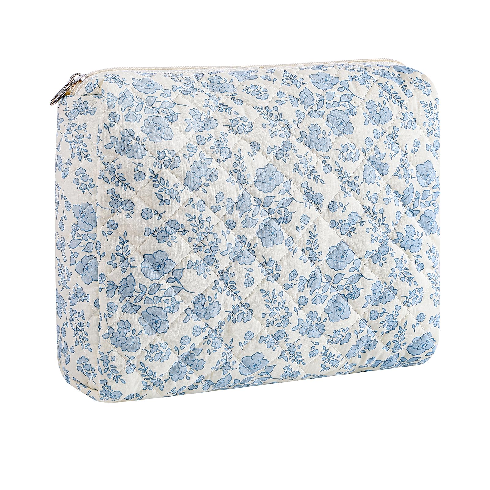 HHQQWZ Makeup Bag Travel Cosmetic Bag for Women Girls, Zipper Make Up Pouch, Floral Flowers Toiletry Organizer Makeup, Portable Storage Cosmetic Travel Cloth Bag (L/Blue Floral)