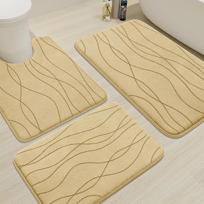 YIHOUSE Bathroom Rugs Set 3 Piece, Memory Foam Bath Mat Beige