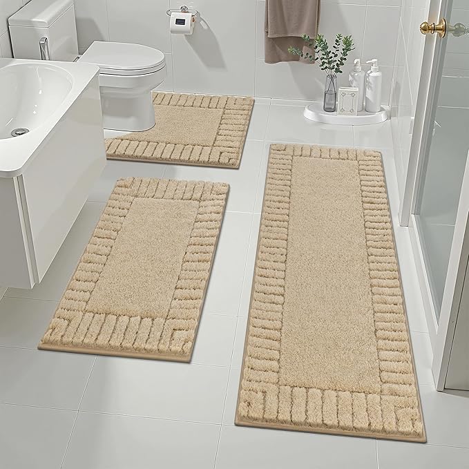 Pauwer Bathroom Rugs Sets 3 Piece, Microfiber Bath Mat Set, Light Beige