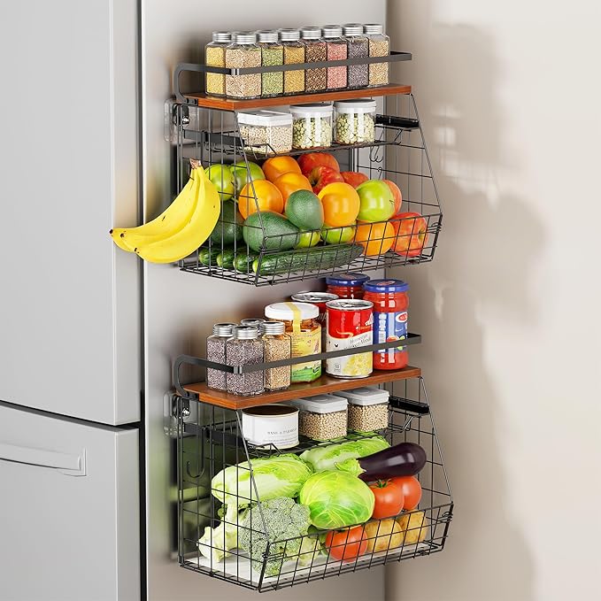 Delamu Magnetic Shelf for Fridge with Wood Lid, 3 Tier Pull Out Fruit Basket, Pantry Organizers for Refrigerator, Cabinet, Kitchen Counter, Laundry (1 Pack)