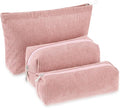Huhumy 3 Pcs Makeup Bag Set for Women Corduroy Cosmetic Pouch Aesthetic Smile Travel Toiletry Bag Cute Purse Pouch Pencil Case Makeup Brushes Storage Organizer with Zipper(Pink,Solid Style)