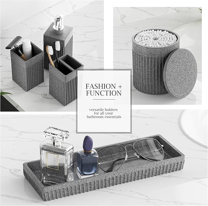 InnJoey 6-Piece Bathroom Set Grey - Stone Textured Resin Bathroom Organizer with Soap Dispenser, Toothbrush Holder, Vanity Tray, Tumbler & Cotton Swab Jars for Small Spaces