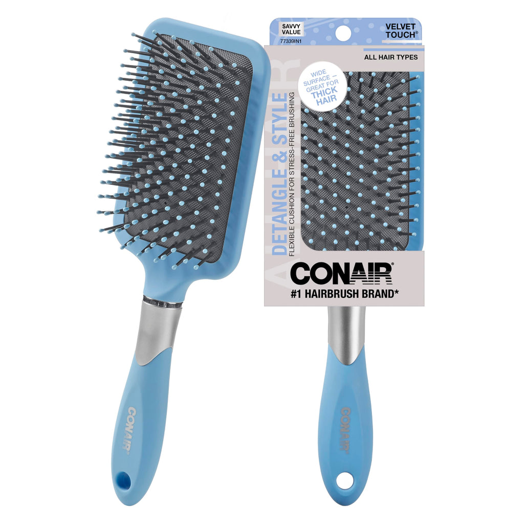Conair Velvet Touch Paddle Cushion hair brush - Detangling hairbrush - curly or straight styles - men or women - detangler - features soft touch handle - Sky Blue